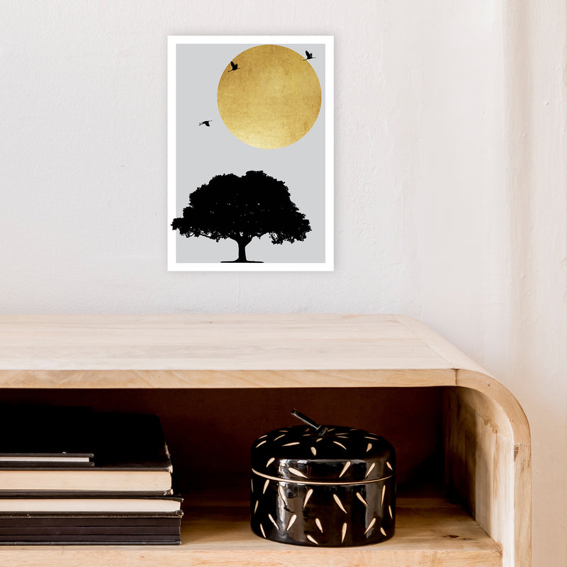 Gold Sun And Tree Abstract  Art Print by Pixy Paper A4 Black Frame