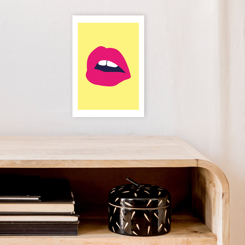 Pink Lips Yellow Back  Art Print by Pixy Paper A4 Black Frame