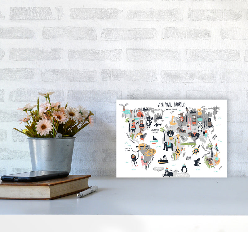 Animal World Map  Art Print by Pixy Paper A4 Black Frame