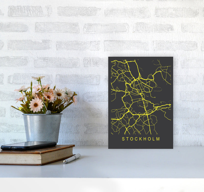 Stockholm Map Neon Art Print by Pixy Paper A4 Black Frame