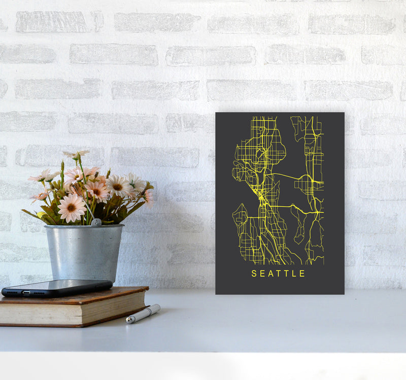 Seattle Map Neon Art Print by Pixy Paper A4 Black Frame