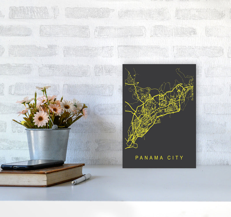 Panama City Map Neon Art Print by Pixy Paper A4 Black Frame