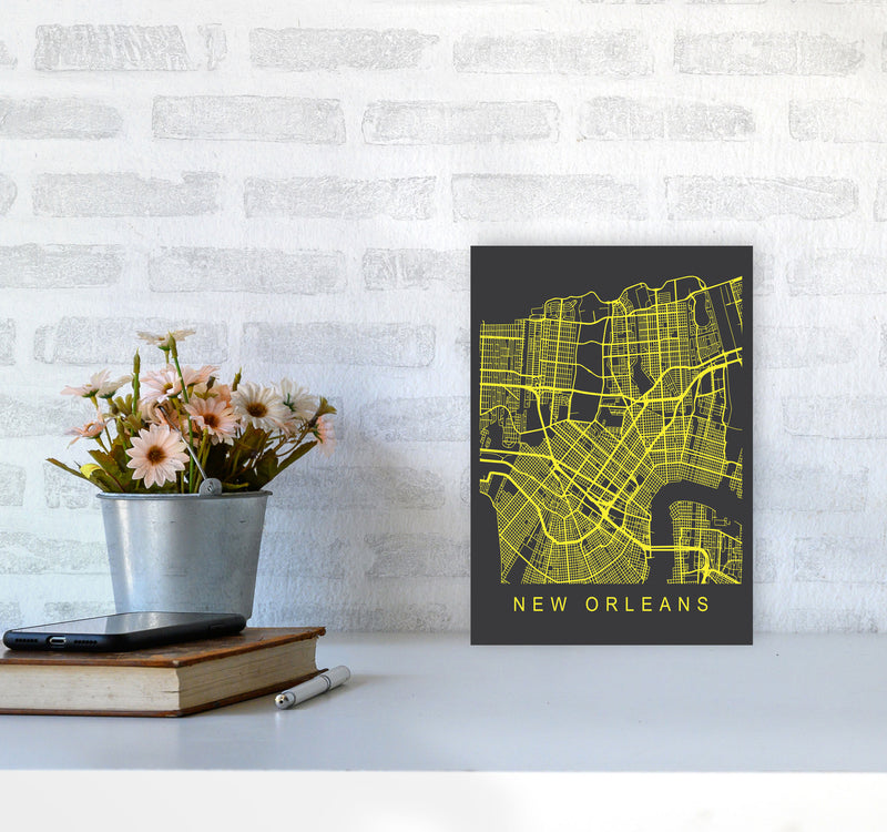 New Orleans Map Neon Art Print by Pixy Paper A4 Black Frame