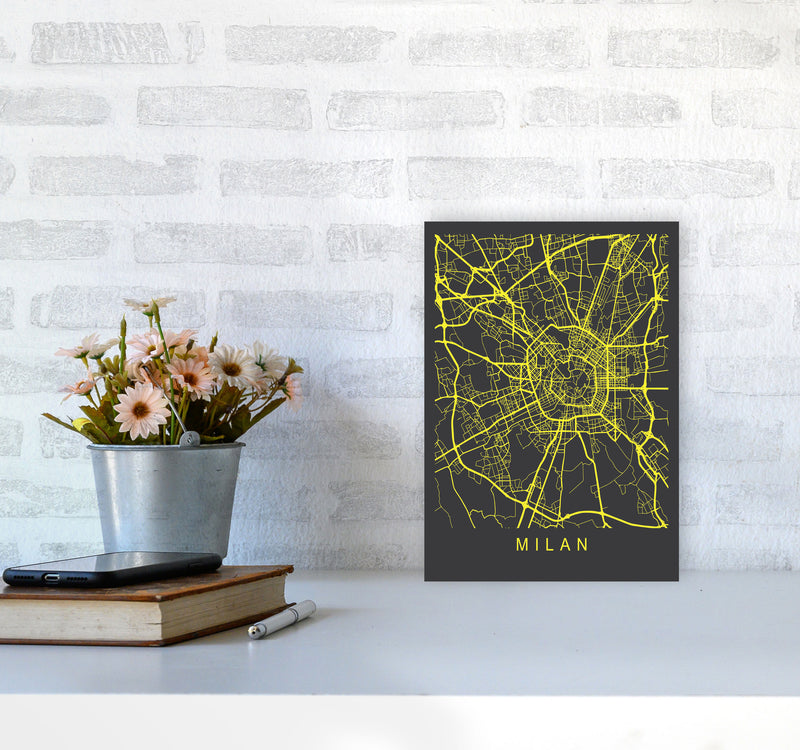 Milan Map Neon Art Print by Pixy Paper A4 Black Frame