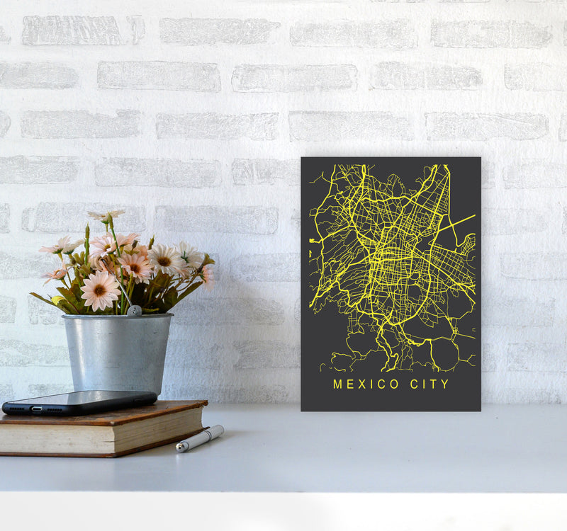 Mexico City Map Neon Art Print by Pixy Paper A4 Black Frame