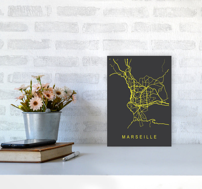 Marseille Map Neon Art Print by Pixy Paper A4 Black Frame