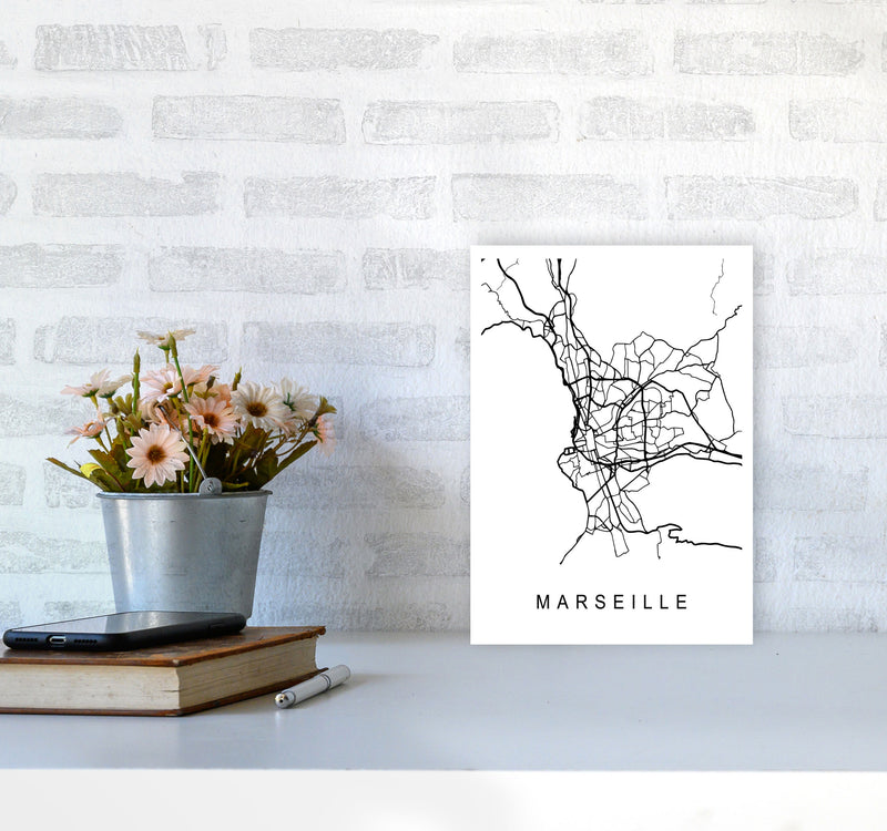 Marseille Map Art Print by Pixy Paper A4 Black Frame