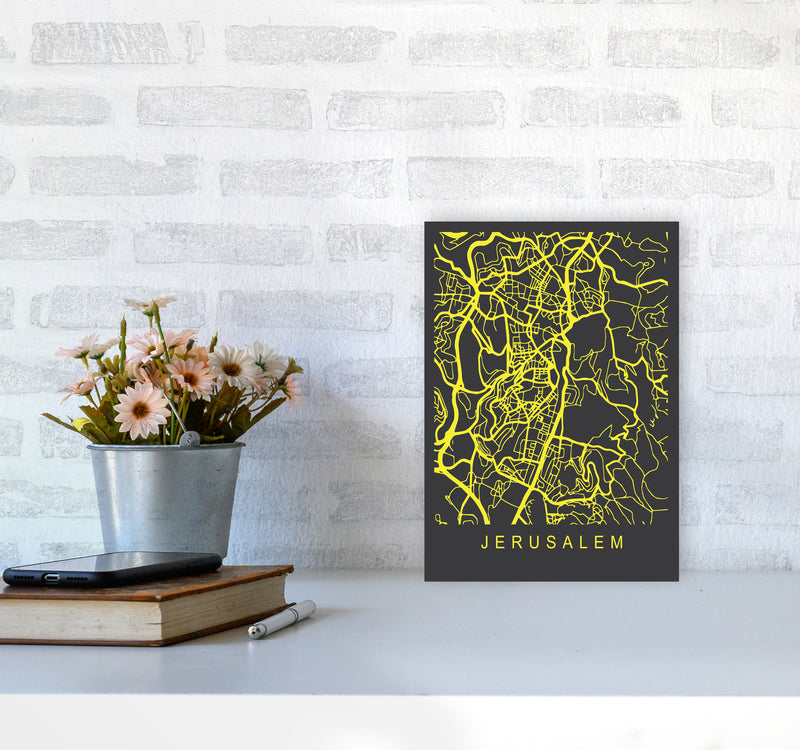 Jerusalem Map Neon Art Print by Pixy Paper A4 Black Frame