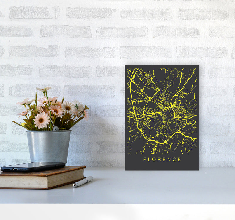 Florence Map Neon Art Print by Pixy Paper A4 Black Frame