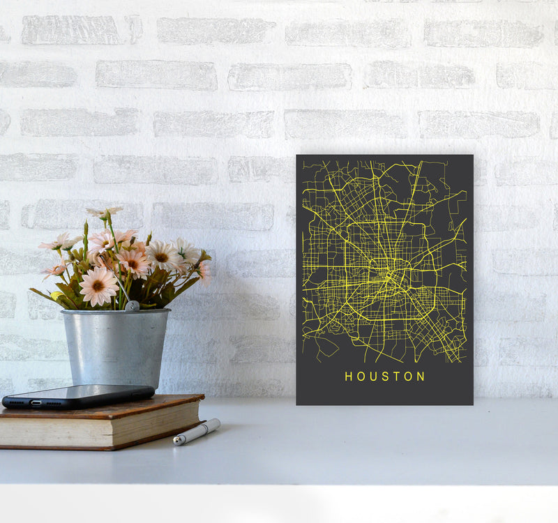 Houston Map Neon Art Print by Pixy Paper A4 Black Frame