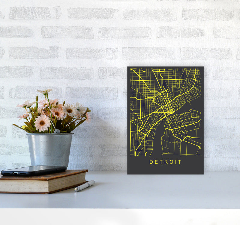 Detroit Map Neon Art Print by Pixy Paper A4 Black Frame