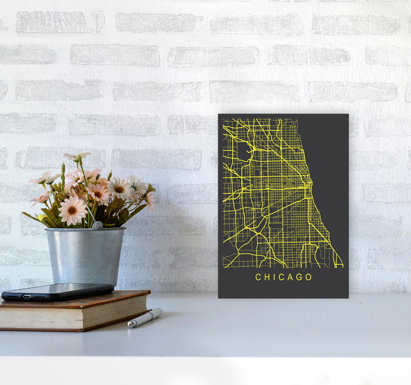 Chicago Map Neon Art Print by Pixy Paper A4 Black Frame