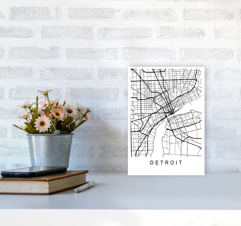 Detroit Map Art Print by Pixy Paper A4 Black Frame