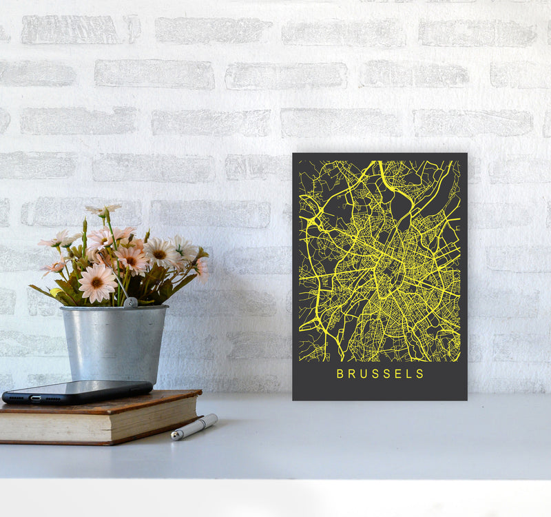 Brussels Map Neon Art Print by Pixy Paper A4 Black Frame