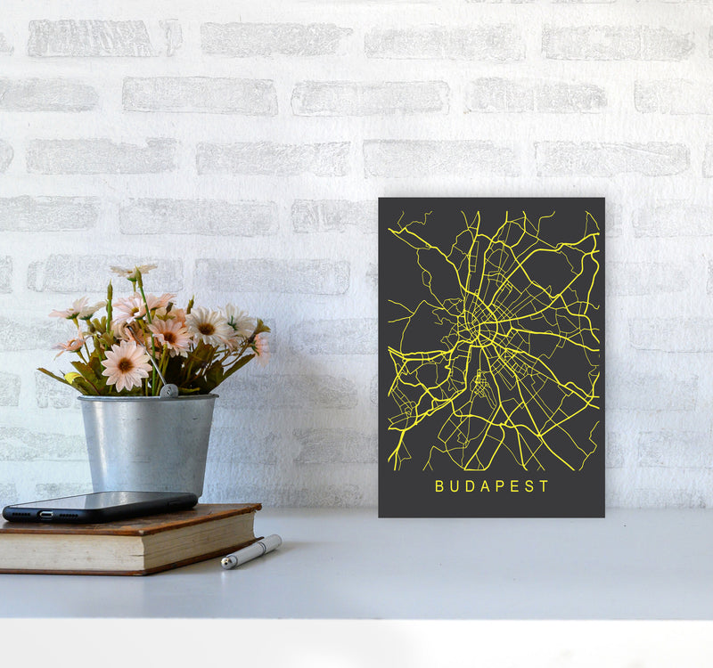 Budapest Map Neon Art Print by Pixy Paper A4 Black Frame