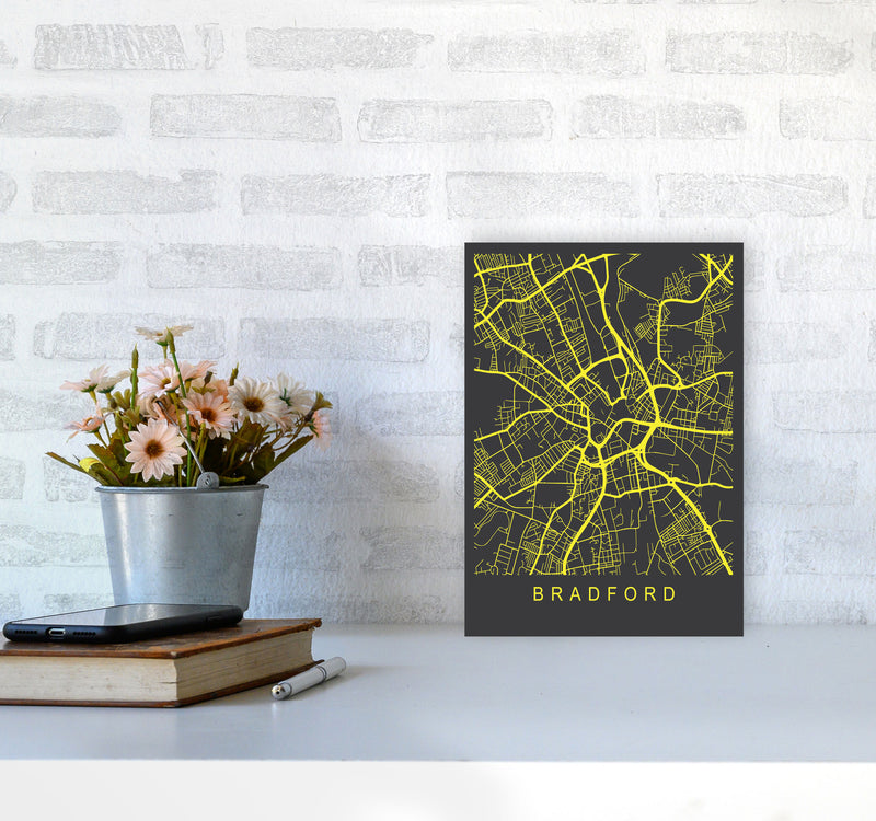 Bradford Map Neon Art Print by Pixy Paper A4 Black Frame