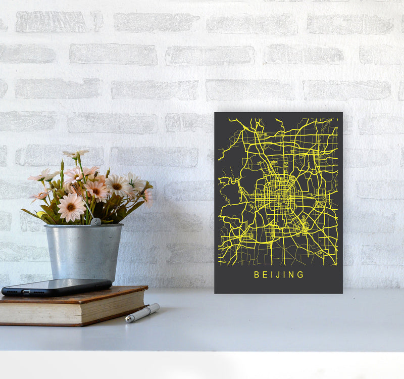 Beijing Map Neon Art Print by Pixy Paper A4 Black Frame