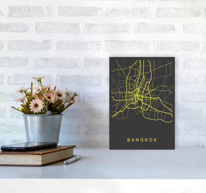 Bangkok Map Neon Art Print by Pixy Paper A4 Black Frame