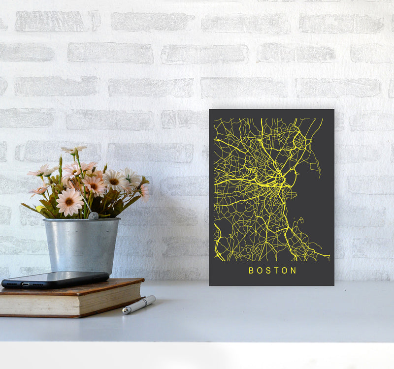 Boston Map Neon Art Print by Pixy Paper A4 Black Frame