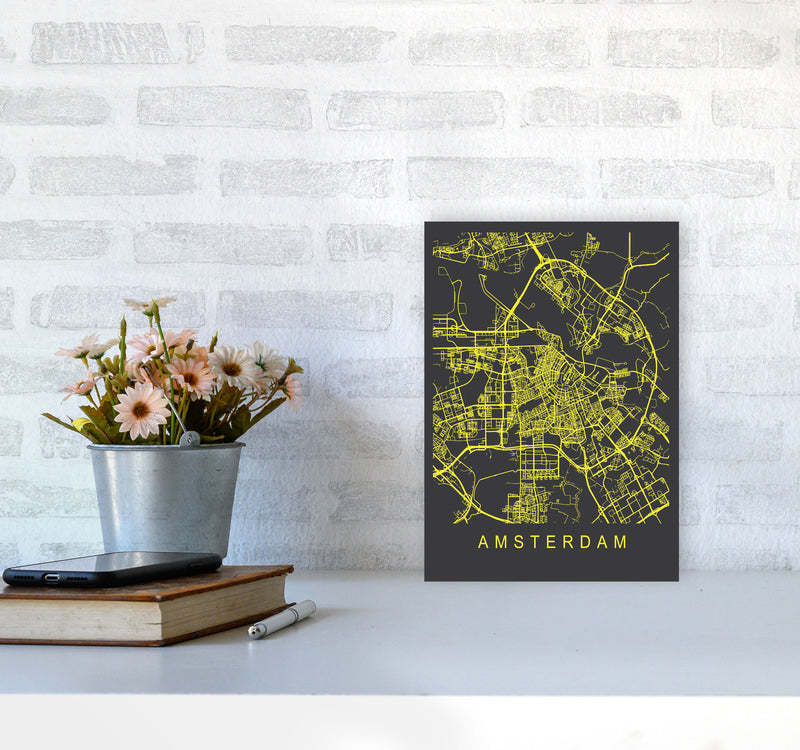 Amsterdam Map Neon Art Print by Pixy Paper A4 Black Frame
