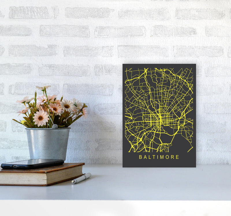 Baltimore Map Neon Art Print by Pixy Paper A4 Black Frame