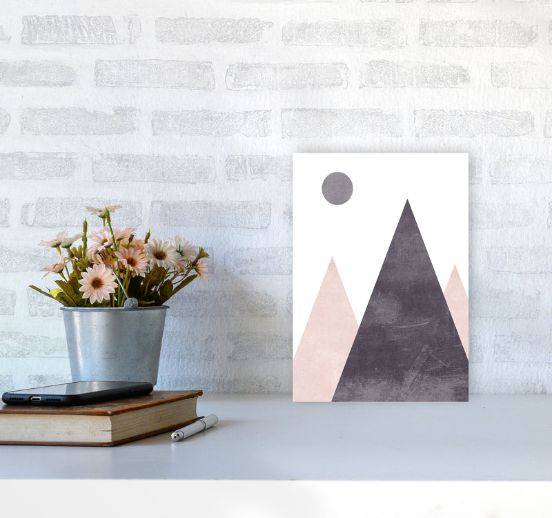 Mountains and moon pink cotton Art Print by Pixy Paper A4 Black Frame