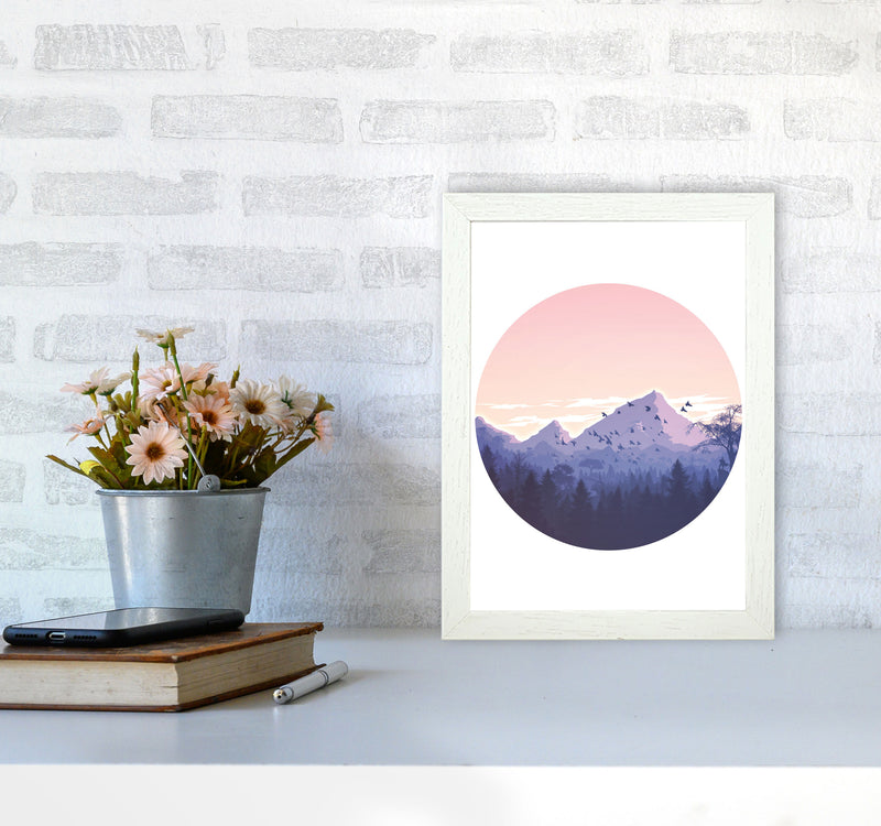 Pink Mountains Circle Abstract Modern Print A4 Oak Frame