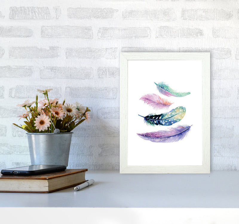 Turquoise And Purple Bird Feathers Abstract Modern Print A4 Oak Frame