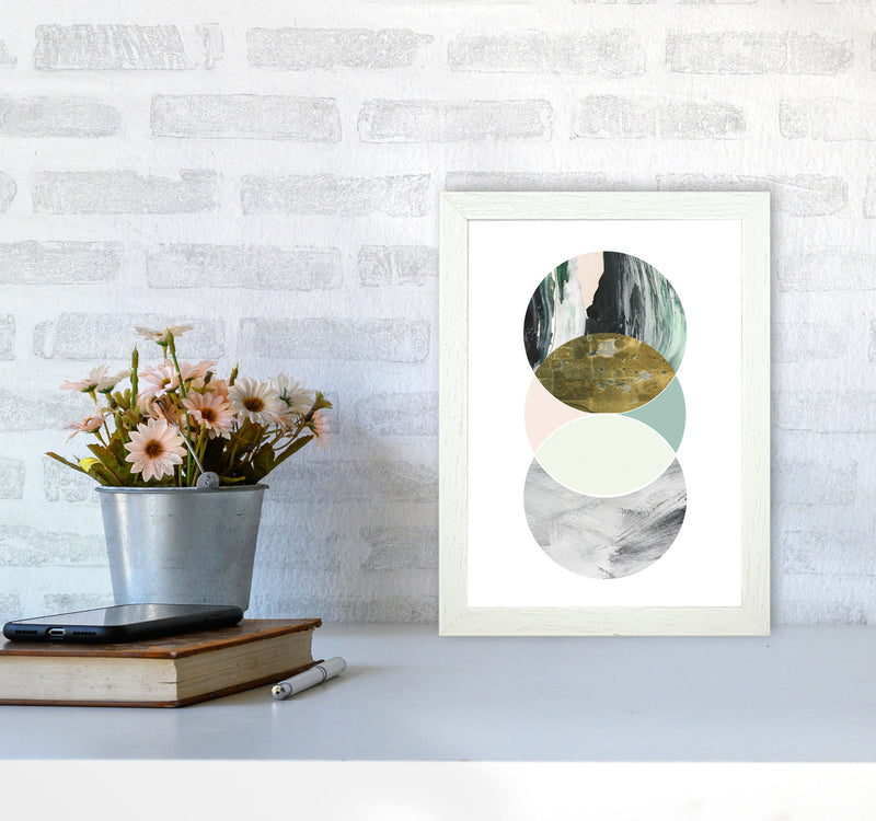 Textured Peach, Green And Grey Abstract Circles Modern Print A4 Oak Frame