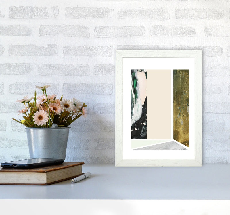 Textured Peach, Green And Grey Abstract Rectangle Shapes Modern Print A4 Oak Frame