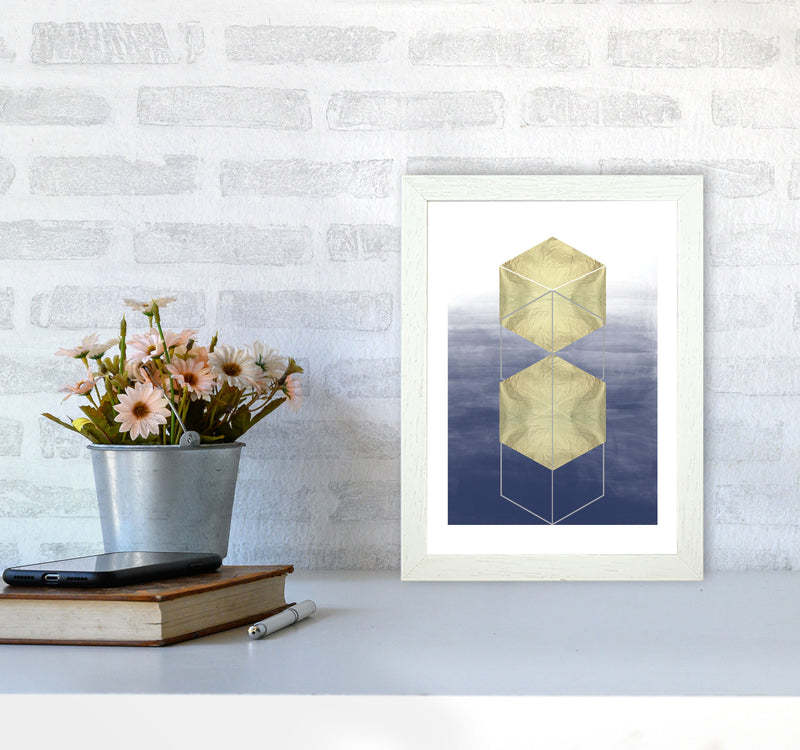 Navy And Gold Abstract Hexagons Modern Print A4 Oak Frame