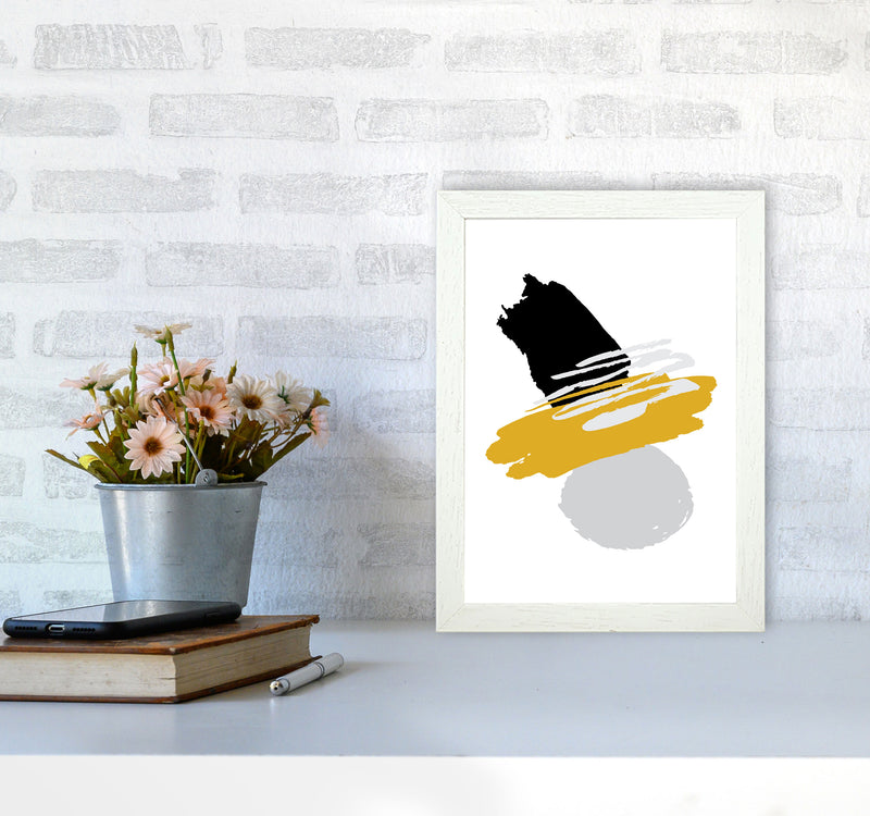 Mustard And Black Abstract Paint Shapes Modern Print A4 Oak Frame