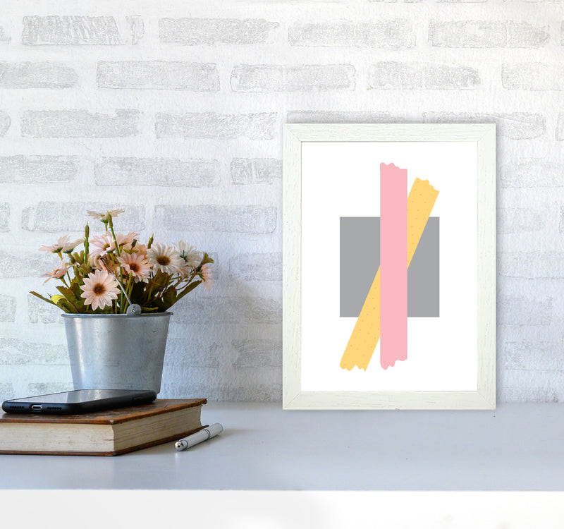Grey Square With Pink And Yellow Bow Abstract Modern Print A4 Oak Frame