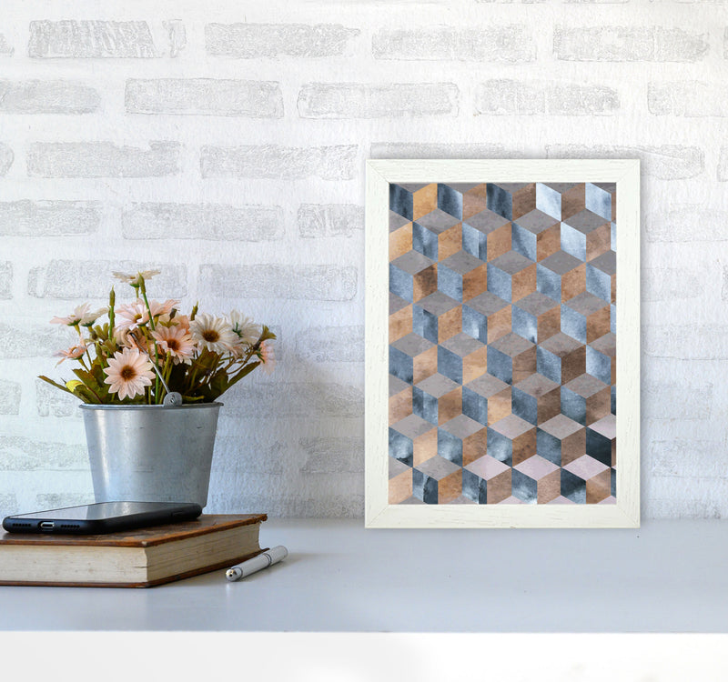 Blue, Grey And Brown Abstract Watercolour Box Modern Print A4 Oak Frame