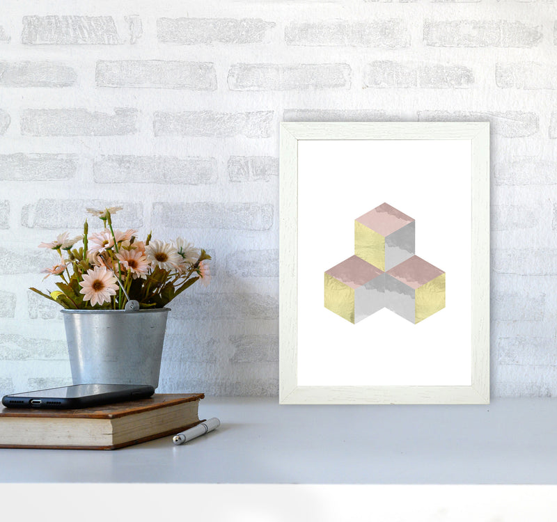 Gold, Pink And Grey Abstract Cubes Modern Print A4 Oak Frame