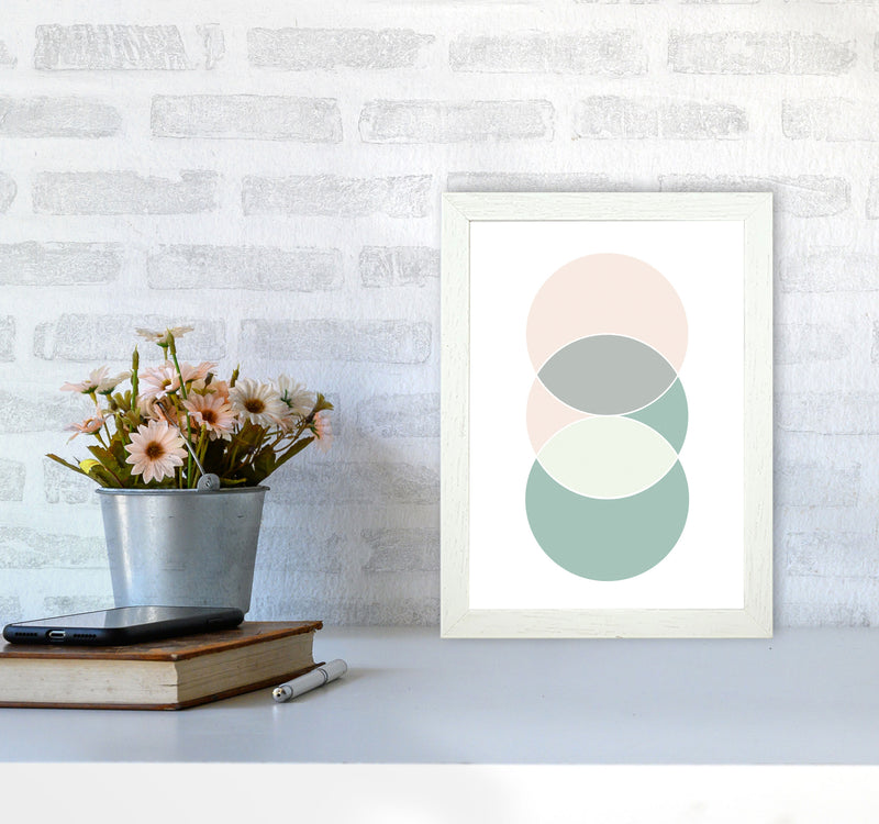 Peach, Green And Grey Abstract Circles Modern Print A4 Oak Frame