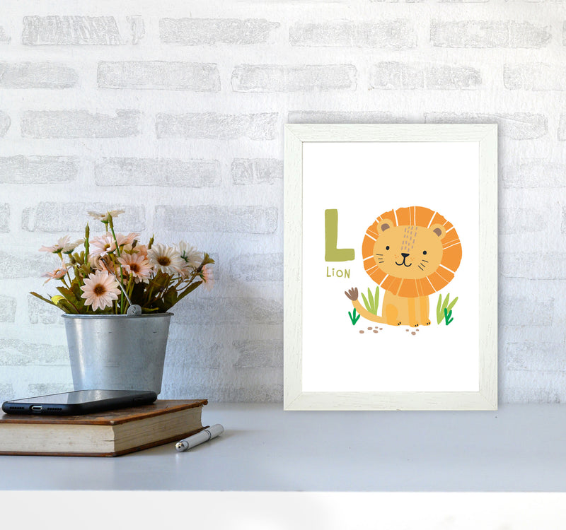 Alphabet Animals, L Is For Lion Framed Nursey Wall Art Print A4 Oak Frame