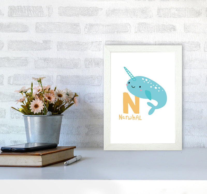 Alphabet Animals, N Is For Narwhal Framed Nursey Wall Art Print A4 Oak Frame