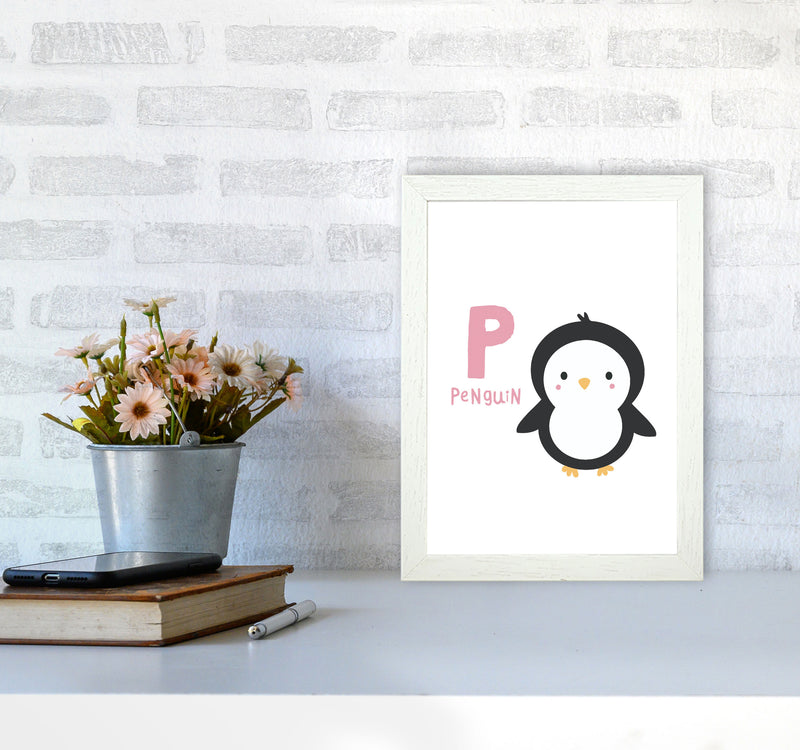 Alphabet Animals, P Is For Penguin Framed Nursey Wall Art Print A4 Oak Frame
