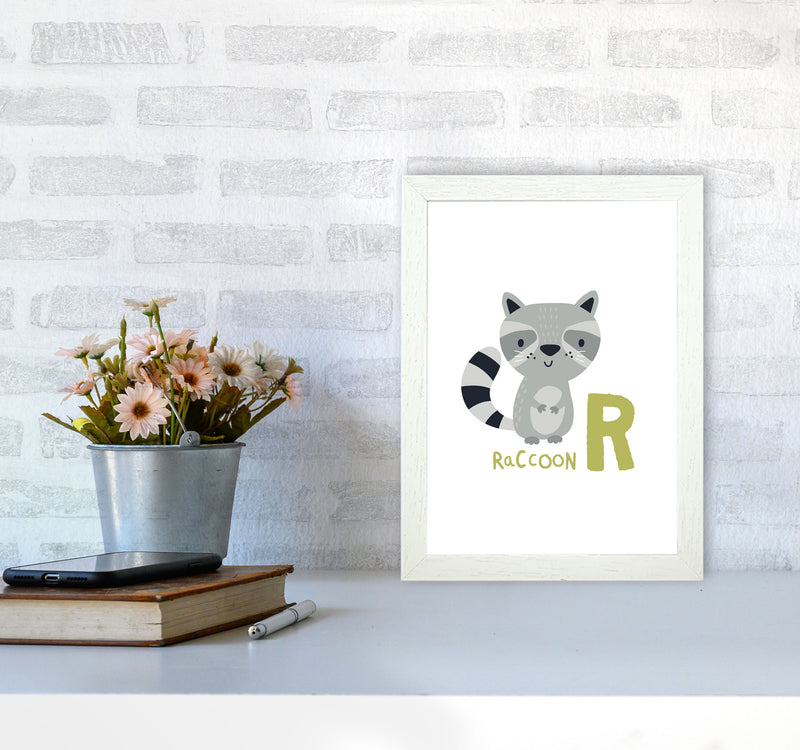 Alphabet Animals, R Is For Raccoon Framed Nursey Wall Art Print A4 Oak Frame