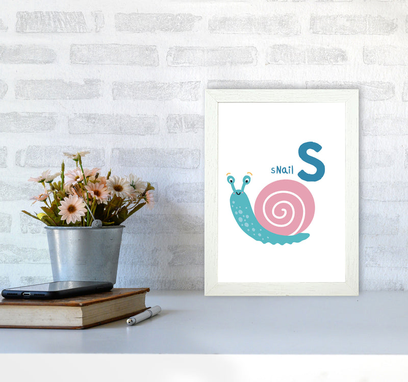 Alphabet Animals, S Is For Snail Framed Nursey Wall Art Print A4 Oak Frame