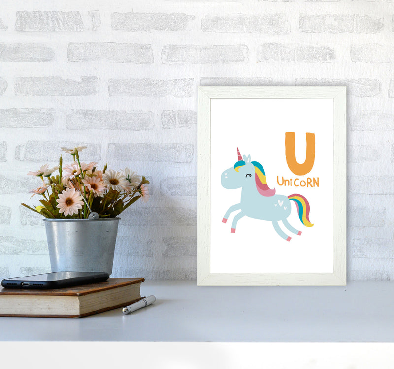 Alphabet Animals, U Is For Unicorn Framed Nursey Wall Art Print A4 Oak Frame