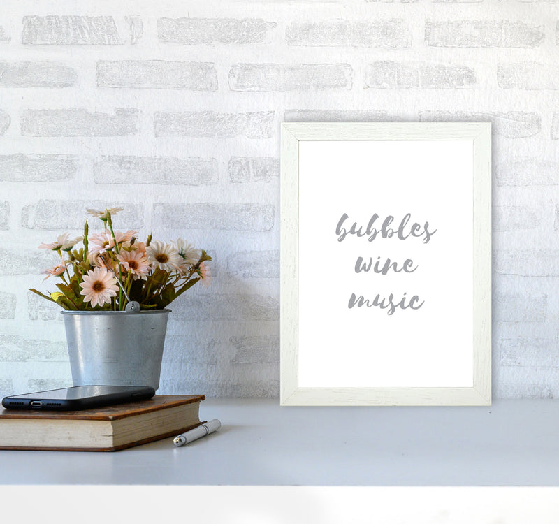 Bubbles Wine Music Grey, Bathroom Framed Typography Wall Art Print A4 Oak Frame