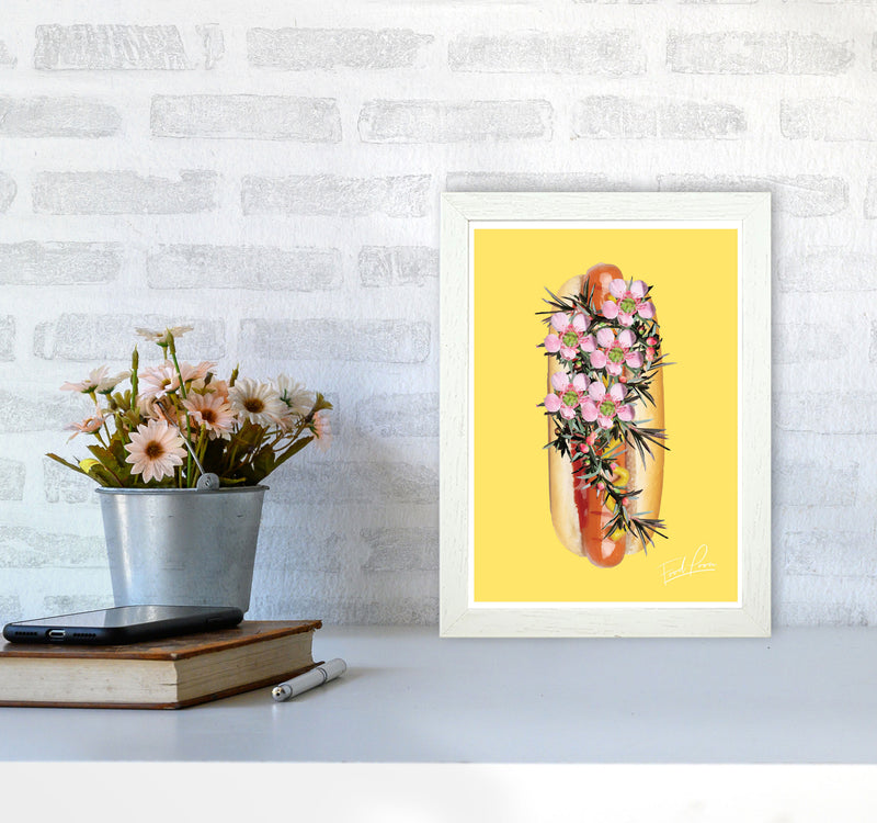 Yellow Hot Dog Food Print, Framed Kitchen Wall Art A4 Oak Frame