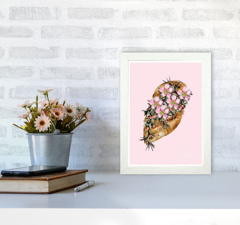 Pink Chicken Floral Food Print, Framed Kitchen Wall Art A4 Oak Frame