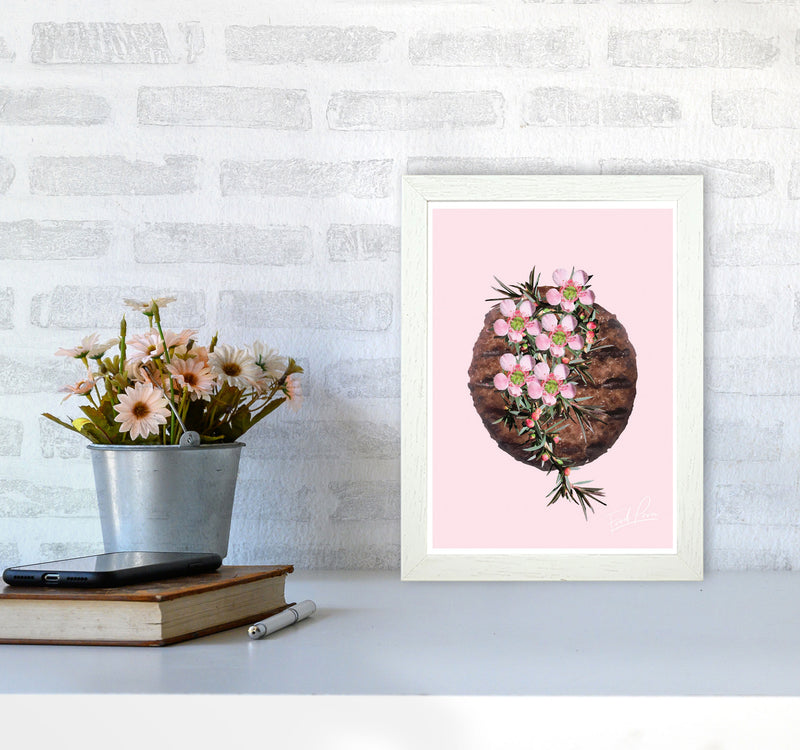 Pink Burger Floral Food Print, Framed Kitchen Wall Art A4 Oak Frame
