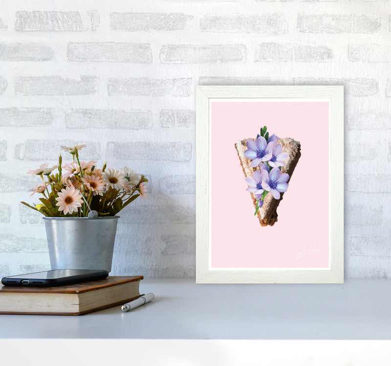 Pink Coffee Cake Floral Food Print, Framed Kitchen Wall Art A4 Oak Frame