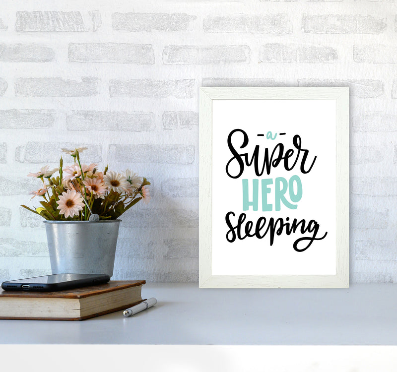 Superhero Sleeping Mint And Black Framed Nursey Wall Art Print A4 Oak Frame