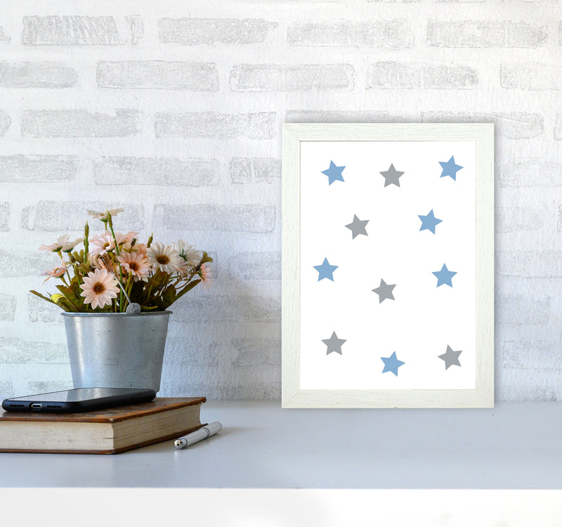 Blue And Grey Stars Framed Nursey Wall Art Print A4 Oak Frame