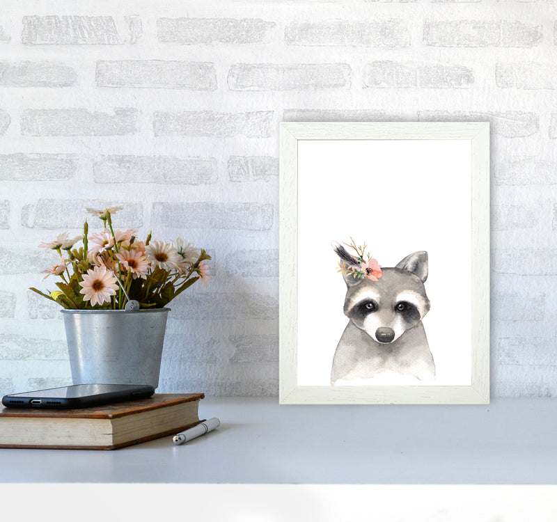 Forest Friends, Floral Cute Raccoon Modern Print Animal Art Print A4 Oak Frame